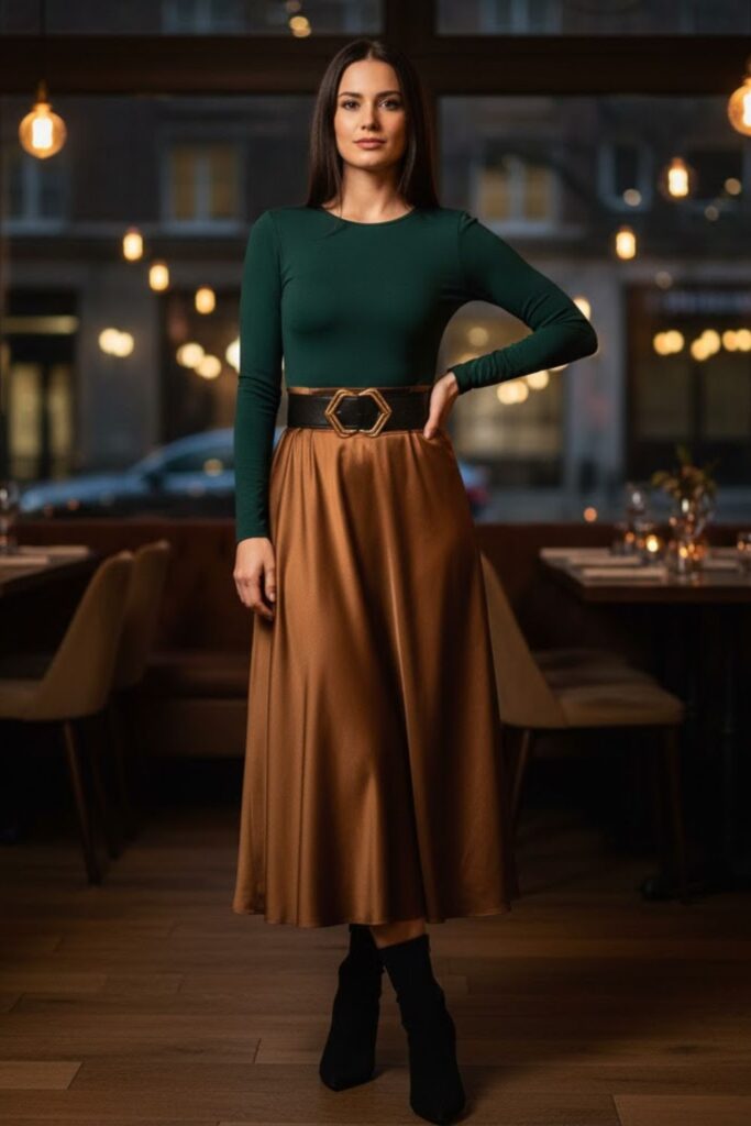 Satin Skirt with a Bodysuit and Statement Belt