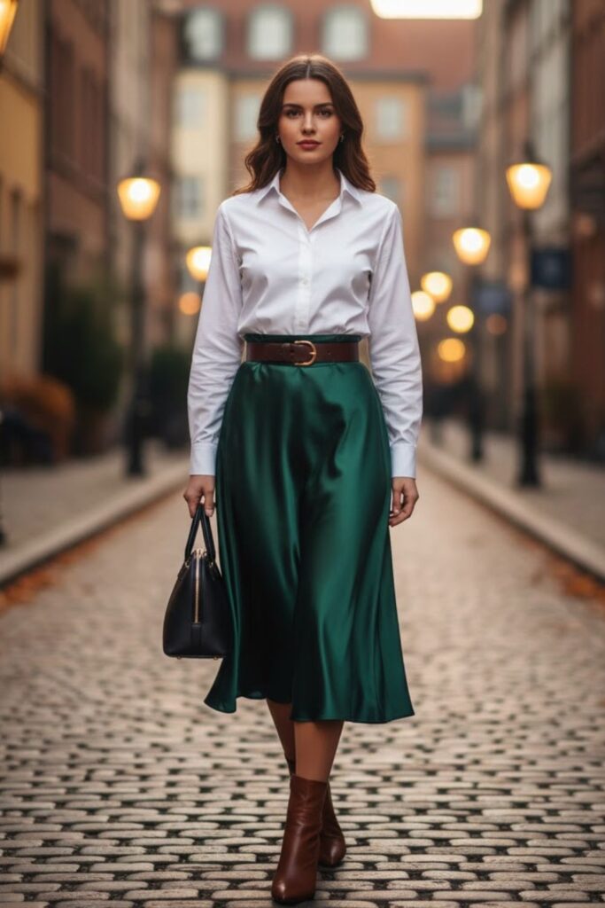 Satin Skirt with a Button-Down Shirt and Belt