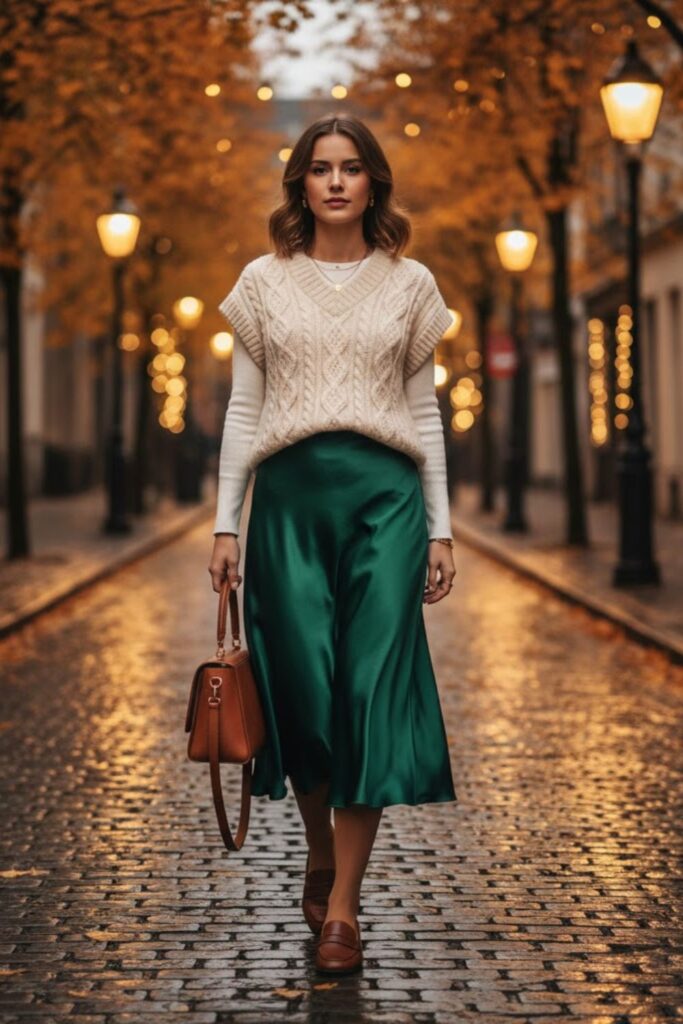 Satin Skirt with a Cable-Knit Vest and Long Sleeve Top