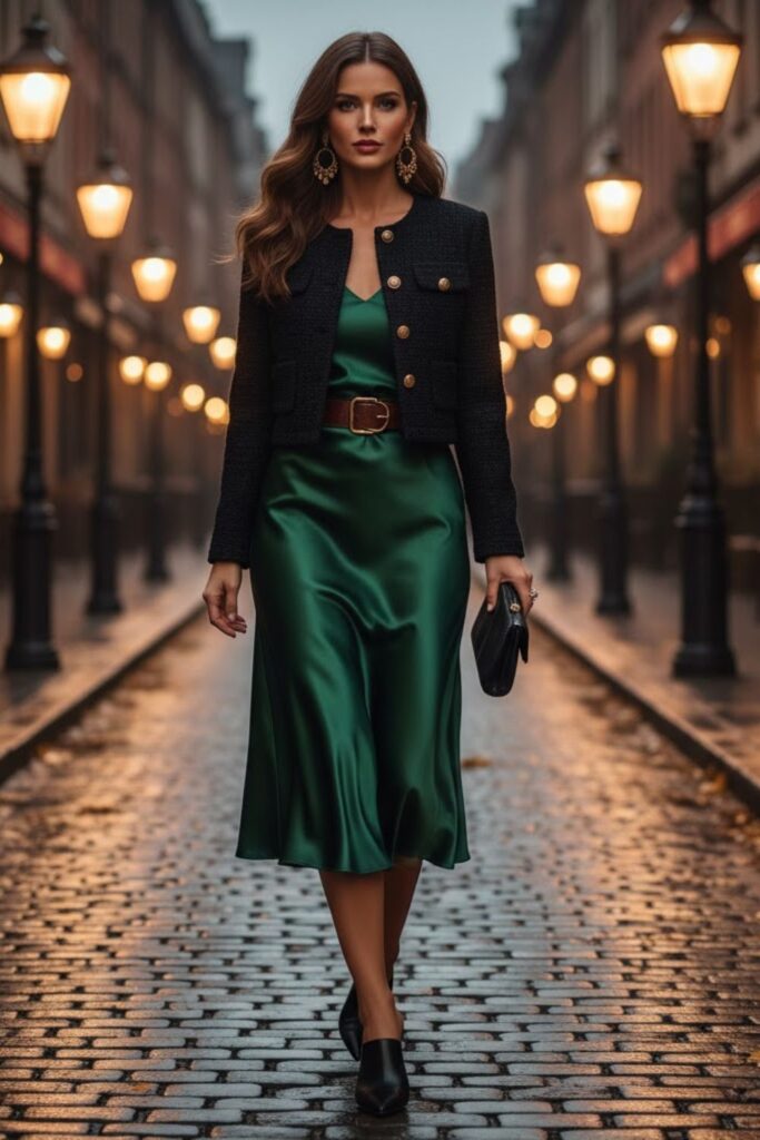 Satin Skirt with a Cropped Jacket and Heeled Mules