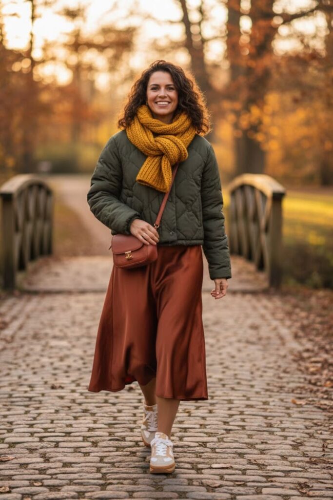 Satin Skirt with a Cropped Puffer Jacket and Sneakers