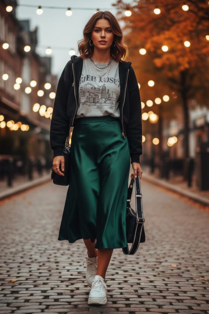 Satin Skirt with a Graphic Tee and Chunky Sneakers