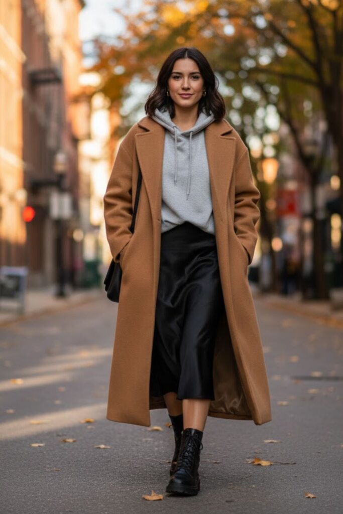 Satin Skirt with a Hoodie and Oversized Coat