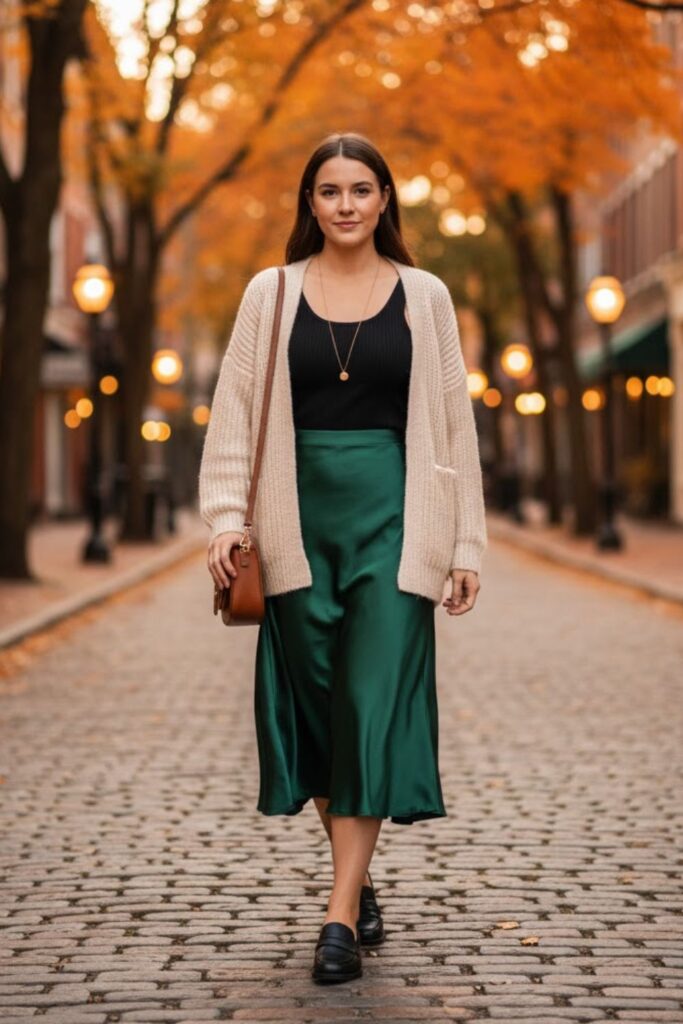 Satin Skirt with a Knit Cardigan and Tank Top