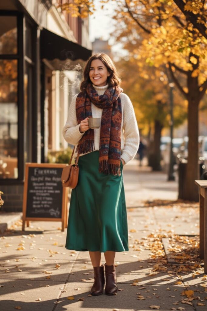 Satin Skirt with a Knit Top and Layered Scarf