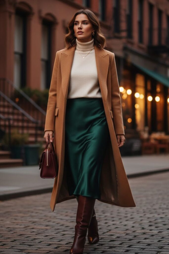 Satin Skirt with a Turtleneck and Long Coat