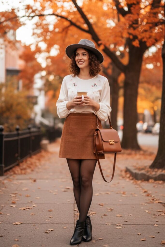 Suede Skirt with Long-Sleeve Blouse