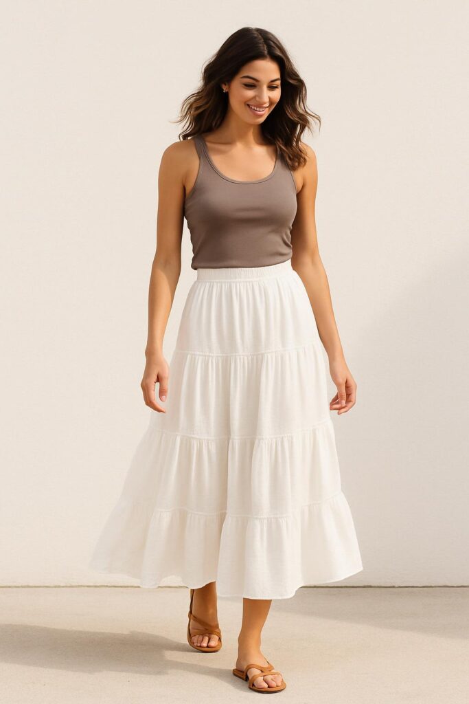 Tank Top and White Tiered Maxi Skirt