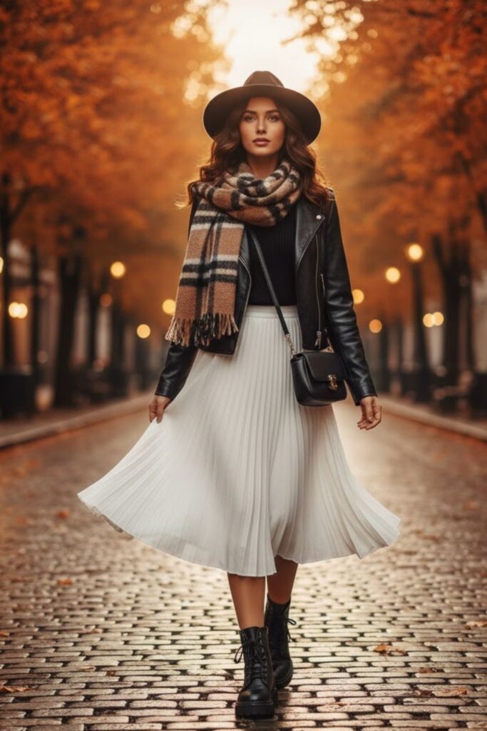 White Midi Skirt with Leather Jacket