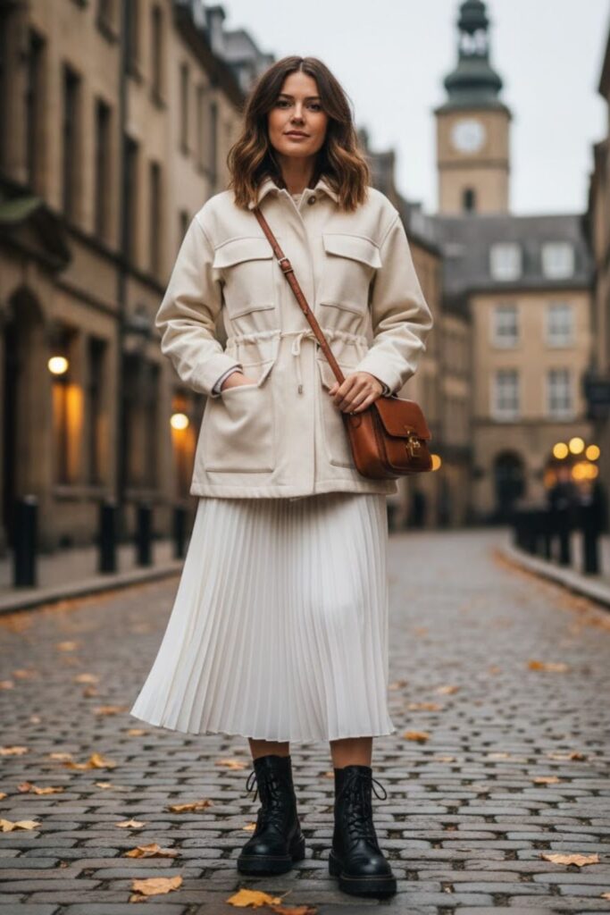 White Midi Skirt with Utility Jacket