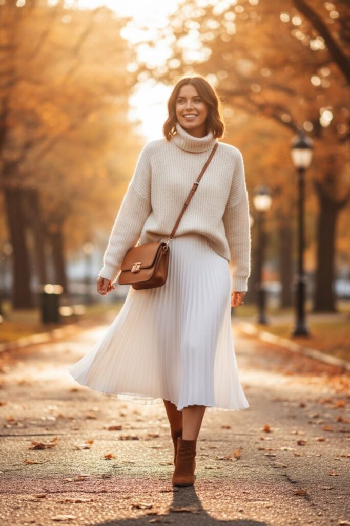 White Pleated Skirt with Oversized Sweater
