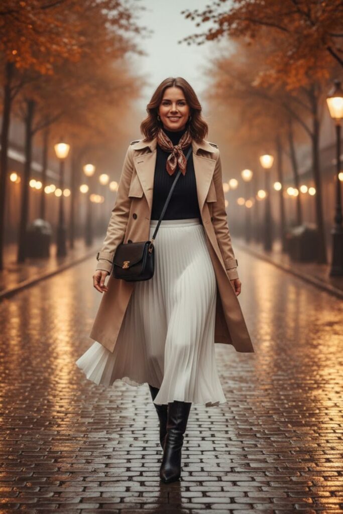 White Pleated Skirt with Trench Coat