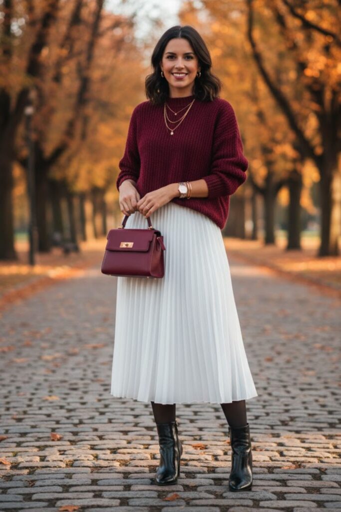 White Skirt with Burgundy Sweater