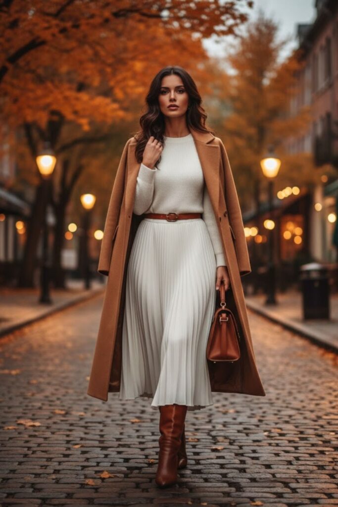 White Skirt with Camel Coat