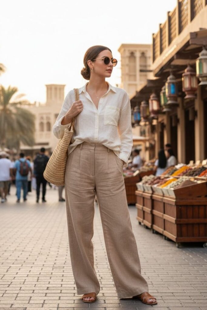 Wide-Leg Pants with Linen Shirt