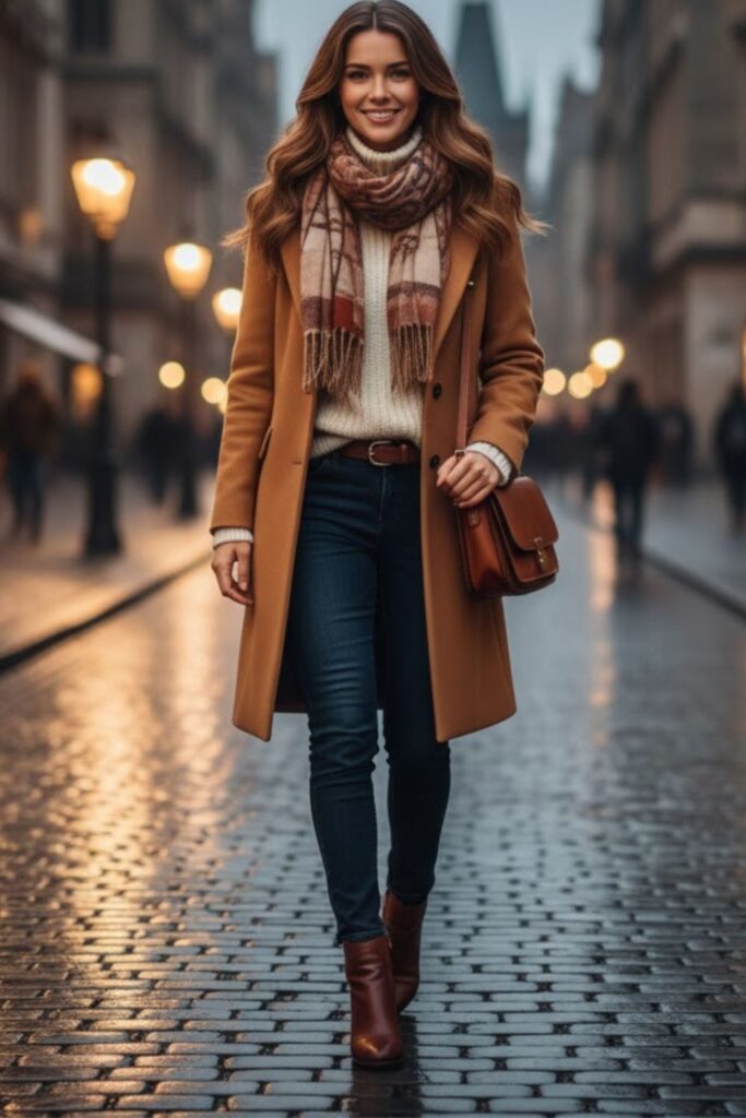 Wool Coat with Knitwear and Jeans