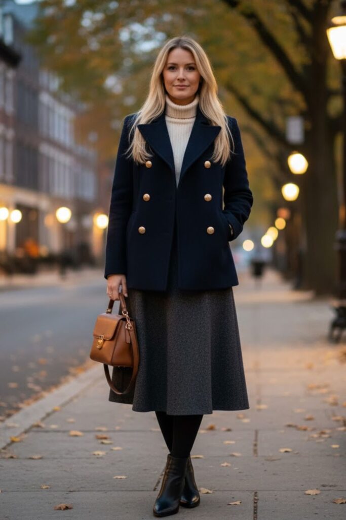 Wool Skirt with Tights and Peacoat
