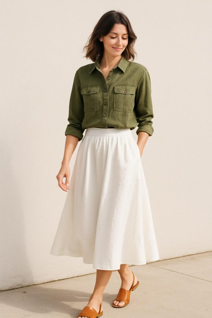 white cotton skirt with an olive green utility shirt