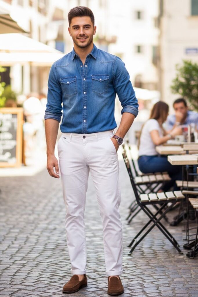1. White Pants with Blue Denim Shirt