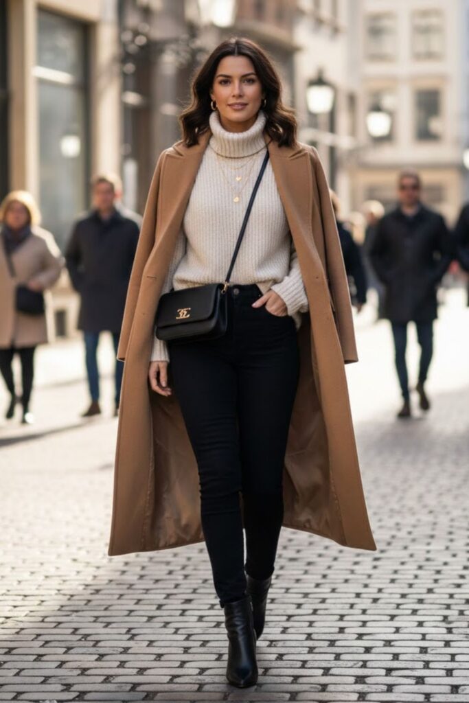 1. Black Jeans with Cream Turtleneck and Camel Coat