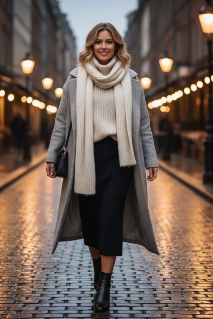 1. Black Midi Skirt with Chunky Knit Sweater
