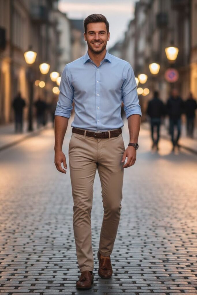 1. Blue Oxford Shirt with Beige Chinos