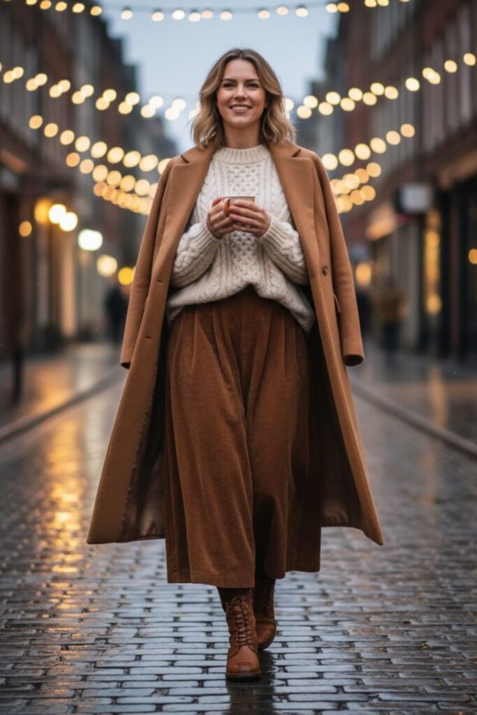 1. Brown Corduroy Pants with a Cream Cable-Knit Sweater