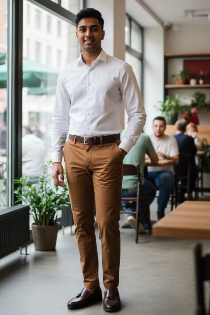 1. Brown Pants with White Shirt