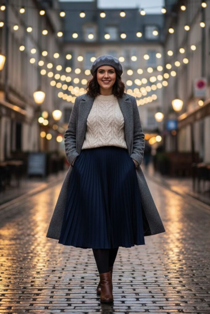 1. Cable Knit Sweater with Pleated Midi Skirt