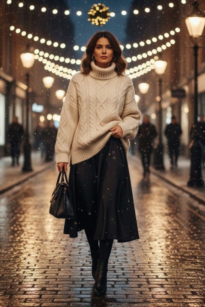 1. Chunky Knit Sweater with Midi Black Skirt