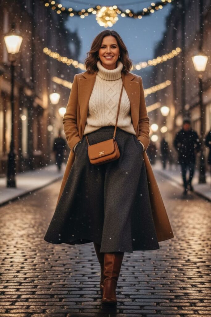1. Chunky Knit Sweater with Wool Maxi Skirt
