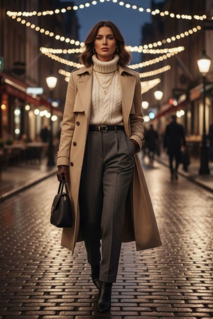 1. Classic Cream High Neck Sweater with Wool Trousers