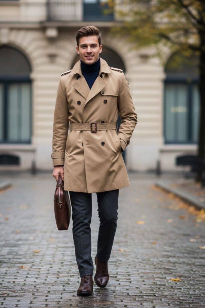 1. Classic Trench Coat with Slim-Fit Trousers