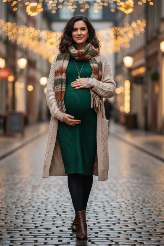 1. Cozy Knit Dress with Tights and Ankle Boots