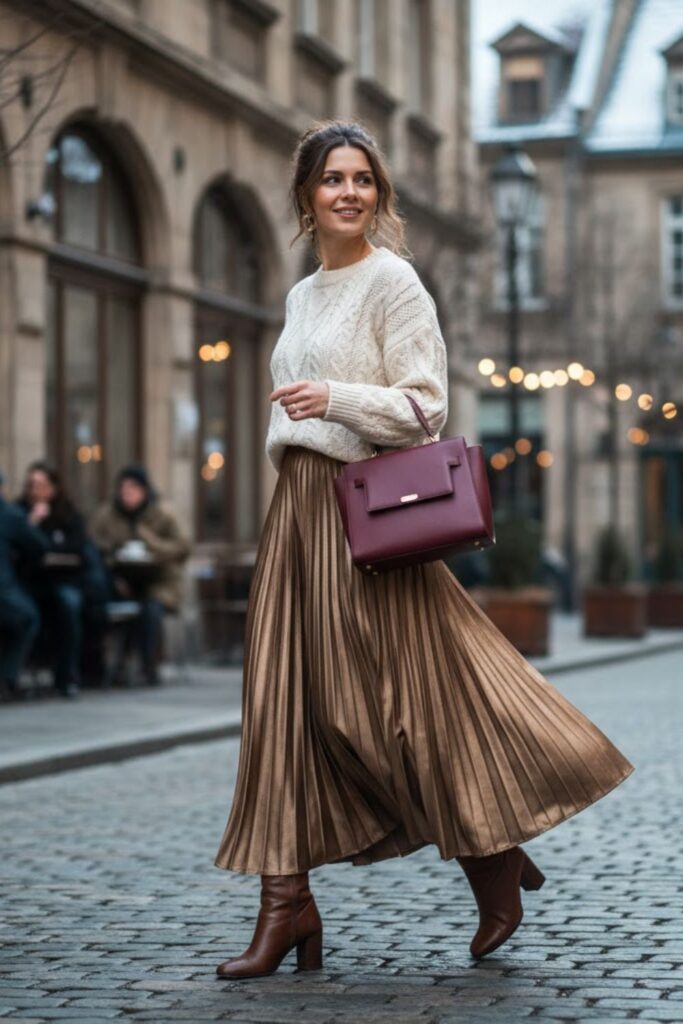 1. Cozy Knit Sweater with a Pleated Maxi Skirt