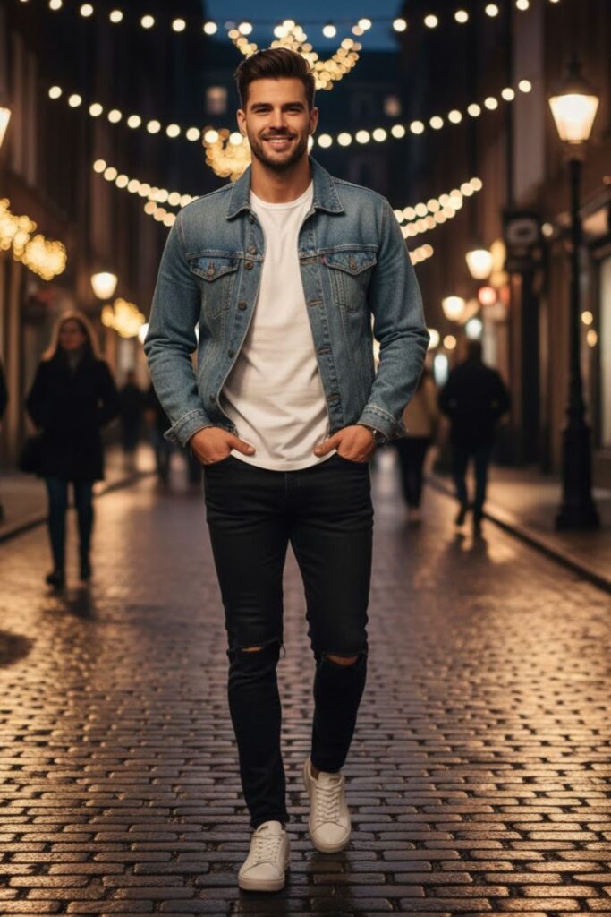 1. Denim Jacket with White Tee and Black Jeans