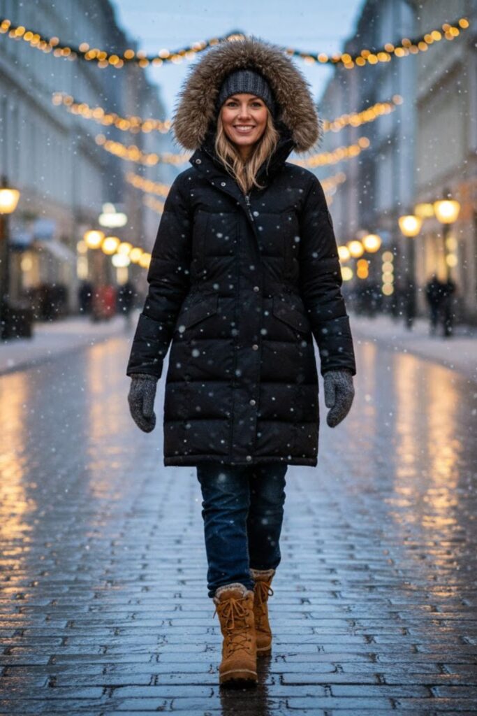 1. Down Parka with Thermal Jeans and Snow Boots