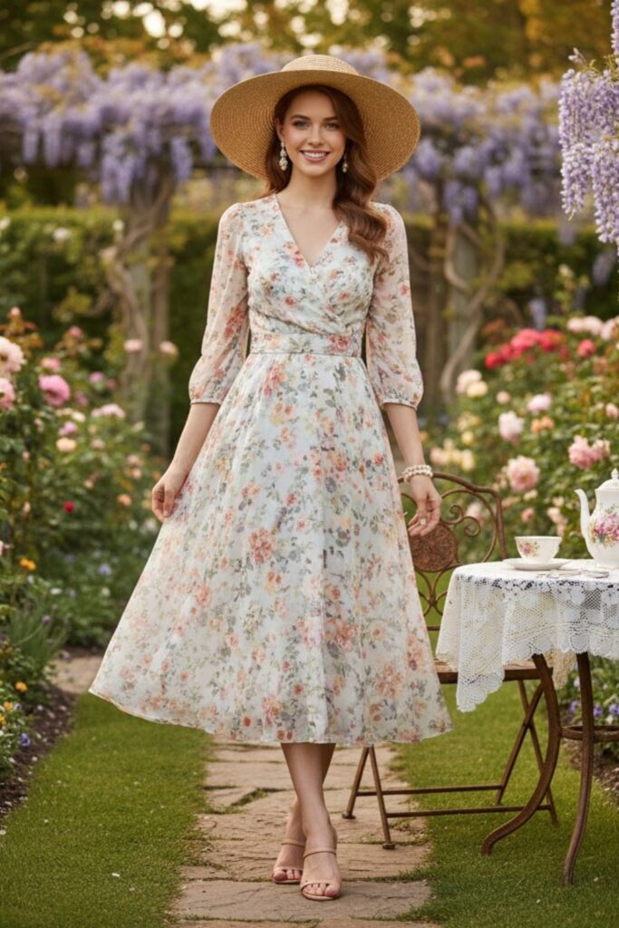 1. Floral Midi Dress with Sun Hat
