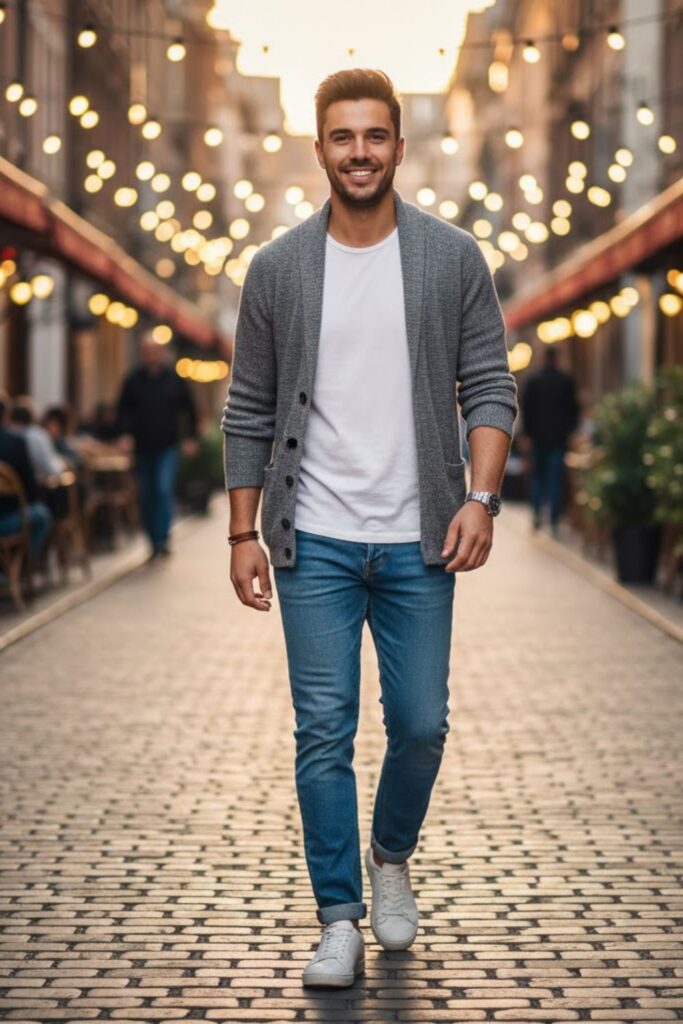 1. Grey Cardigan with White T-Shirt and Blue Jeans
