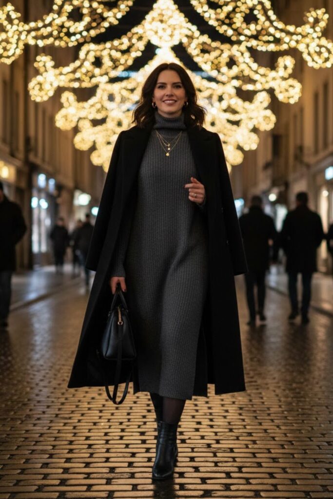 1. Grey Knit Dress with Black Turtleneck and Ankle Boots