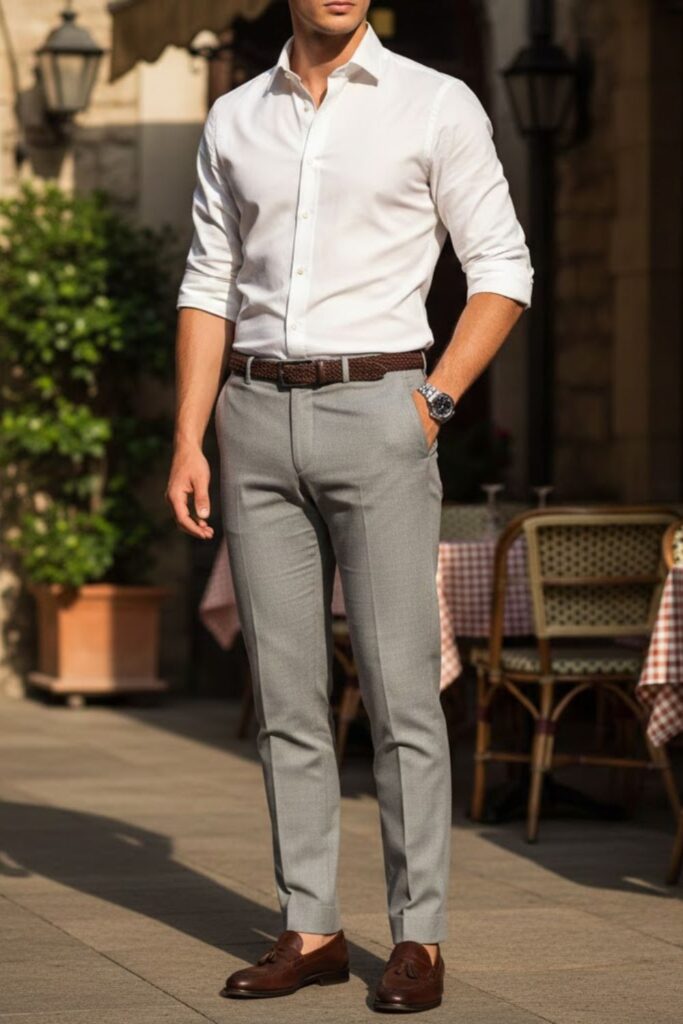 1. Grey Trousers with White Oxford Shirt
