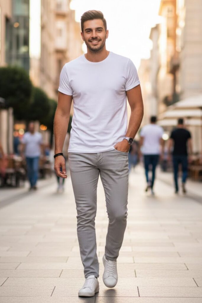 1. Grey Trousers with White T-Shirt and Sneakers