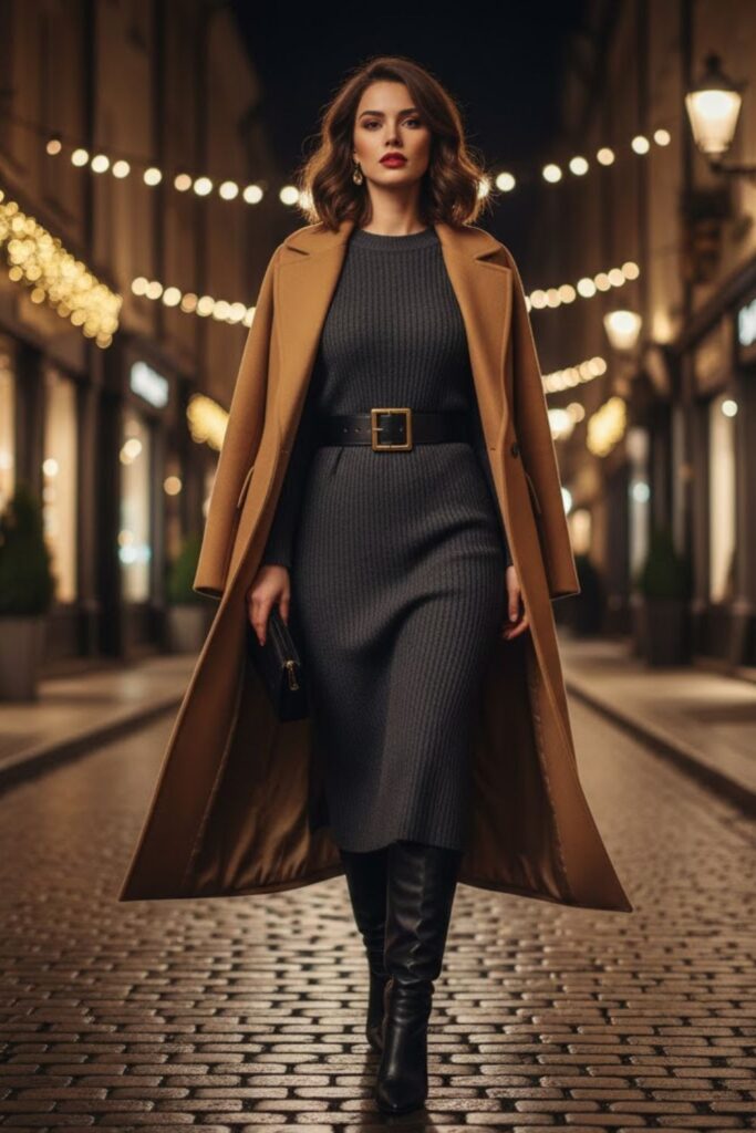 1. Knit Midi Dress with Knee-High Boots