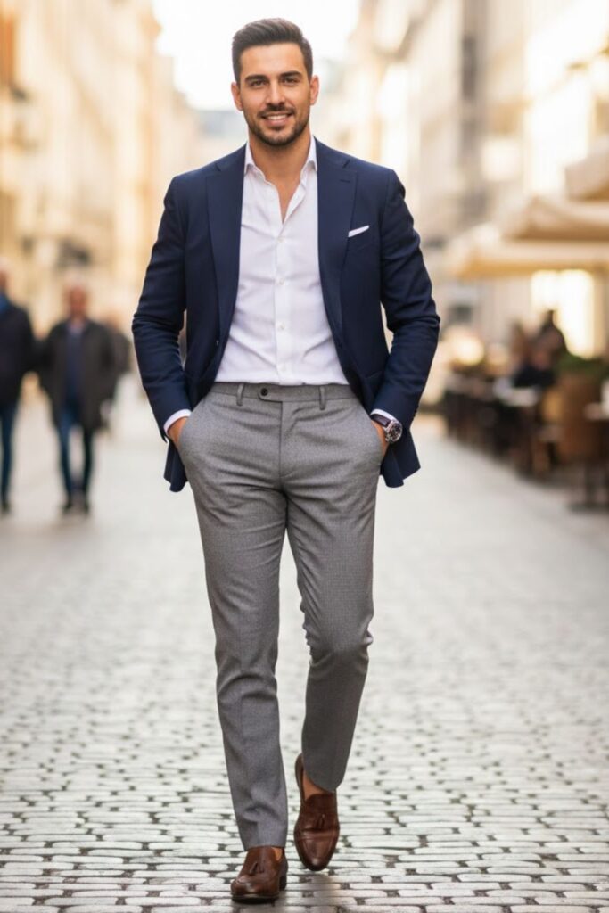 1. Navy Blazer with Grey Trousers and White Shirt