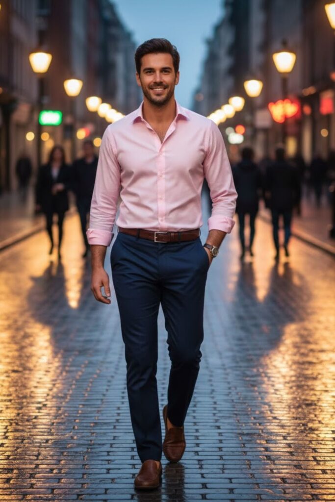 1. Pink Shirt with Navy Trousers