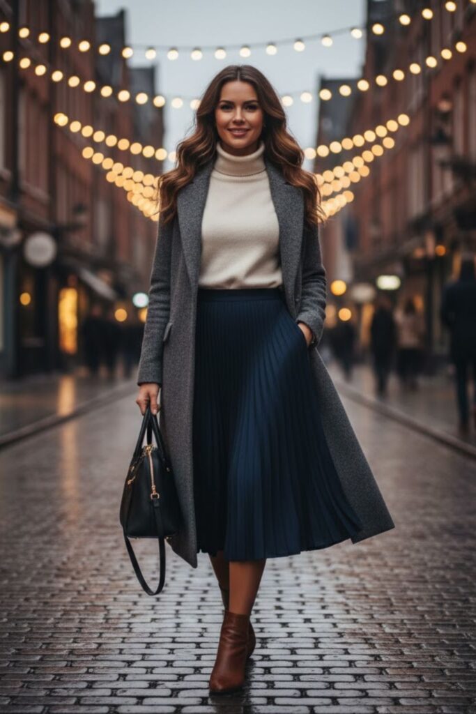 1. Pleated Midi Skirt with Turtleneck and Long Coat