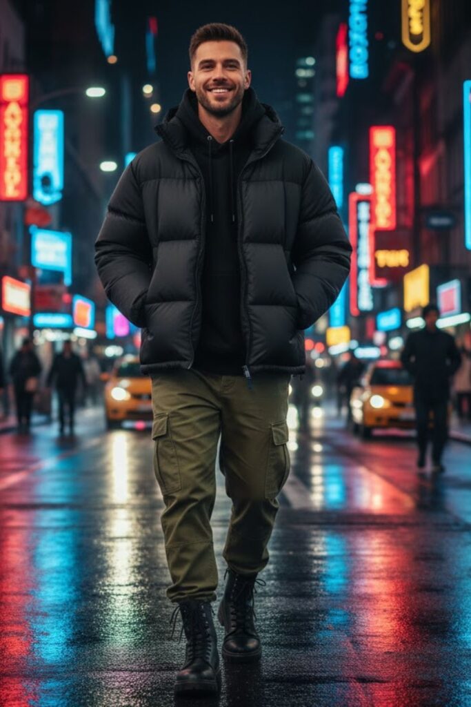 1. Puffer Jacket with Cargo Pants and Hoodie