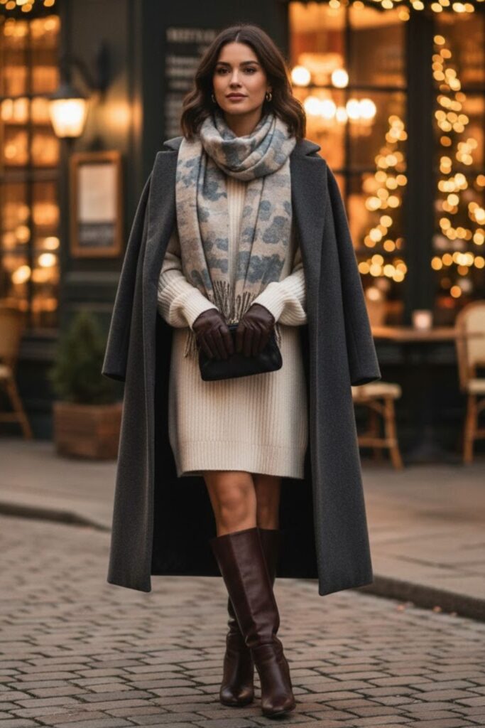 1. Sweater Dress with Knee-High Boots