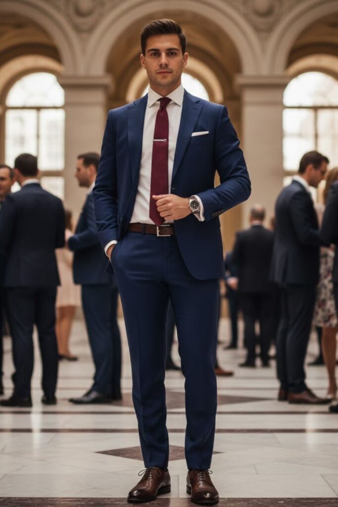 1. The Classic Navy Suit with White Dress Shirt