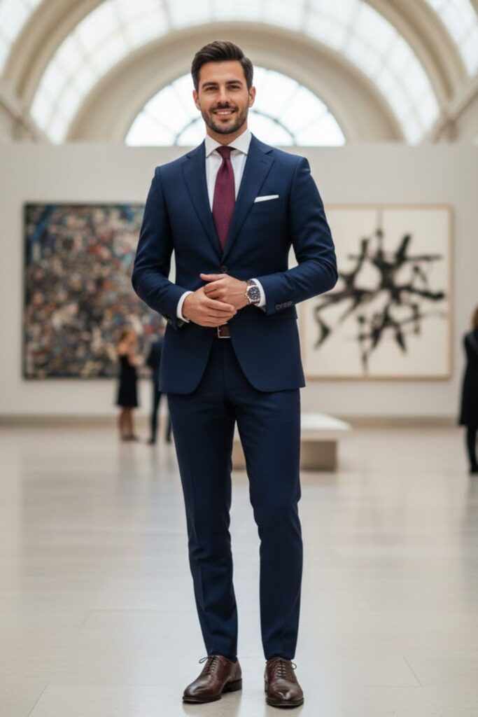 1. The Navy Suit with White Shirt and Brown Shoes